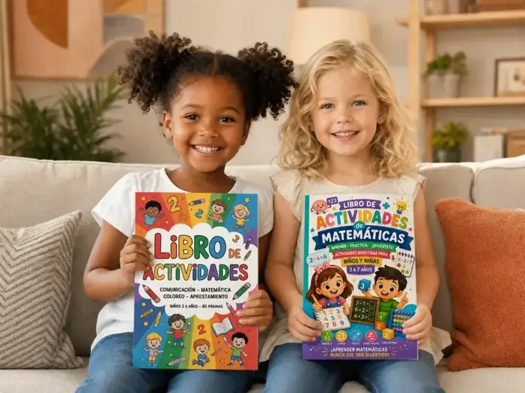 Niñas felices sosteniendo libros de actividades