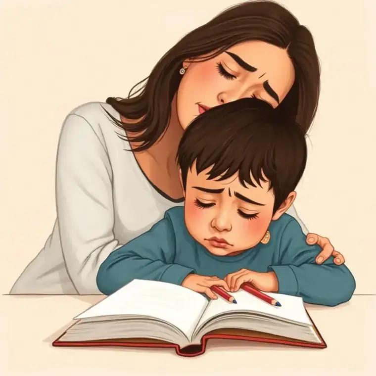 Madre consolando a su hijo frustrado sobre un cuaderno abierto